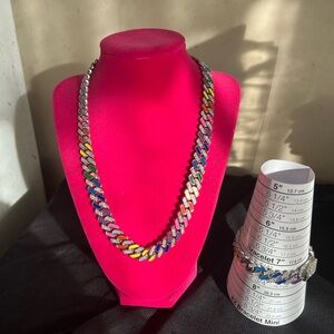 Unisex Rainbow Cuban Link chain Necklace 16+bonus- 7.5 inch-fashion jewelry set